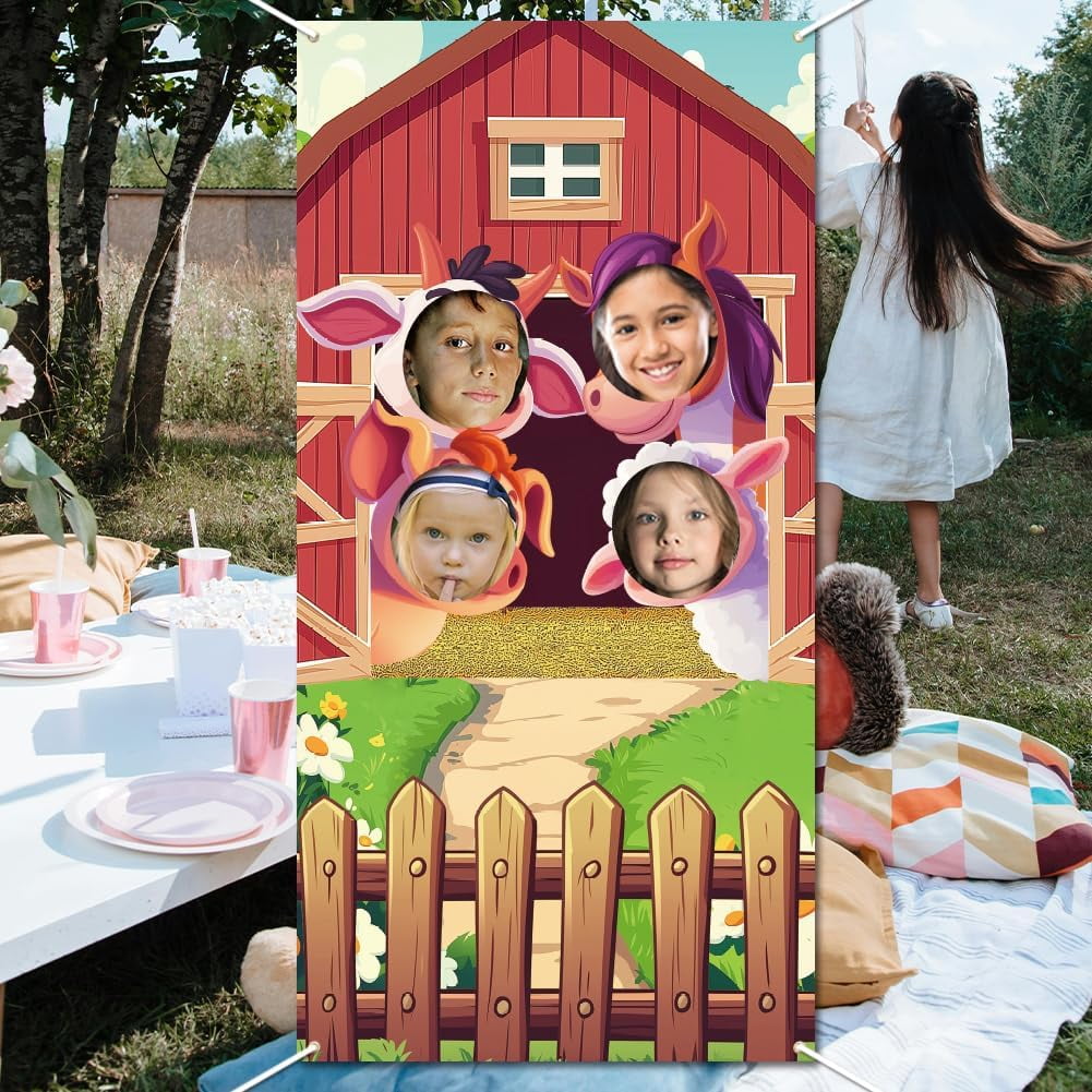 1set Farm Animals oto Door Banner Farm Barn Door Background togray Backdrop Large Fabric Red Barn Face in Hole Hanging Banner with Rope for Farmhouse Birthday Party Supply 35.43x70.87 Inch