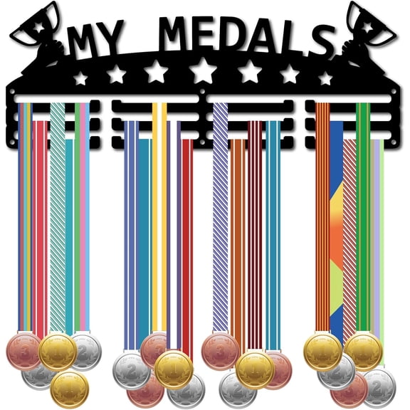 1set Fashion Iron Medal Hanger Holder Display Wall Rack 3-Line with Screws Black Trophy 150x400mm Hole: 5mm Black