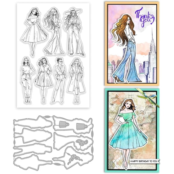1set Fashion Ladies Clear Stamps Dress Frame Cutting Dies Set Silicone Transparent Stamp Metal Die Cuts for Card Making and DIY Embossing Scrapbooking Craft Decor Colorful DIY