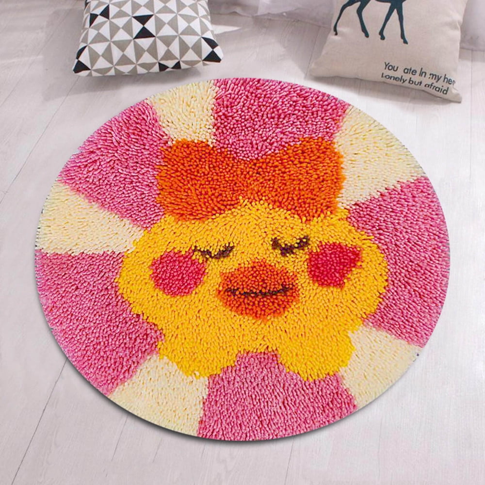 1set Flat Round Latch Hook Rug Kit DIY Rug Crochet Yarn Kits Including Color Printing Screen Section Embroidery Pad Duck Pattern 450x1.5mm