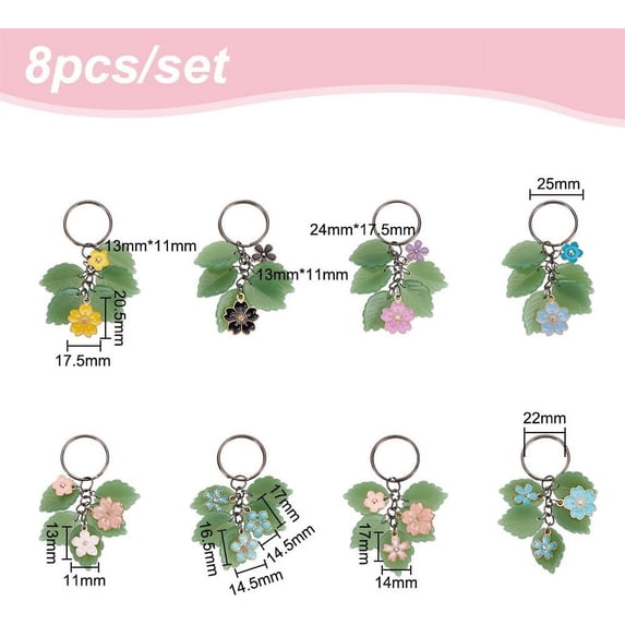 1set Flower Leaf Alloy Enamel & Glass Keychain with Iron Findings for Car Key bag Decoration Mixed color 7.3cm 2 style 4pcs/style 8pcs/set