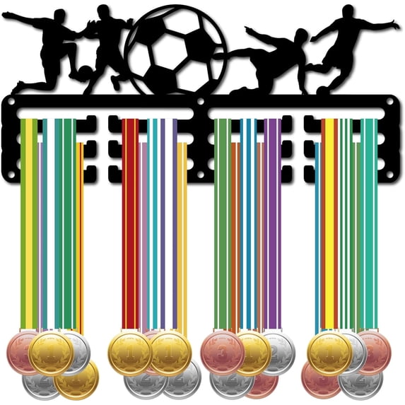 1set Football Medal Holder Medal Hanger Medal Rack Display Hanging Awards Wall Mounted Room Decoration 3 Lines Design Hold 40+ Medals Gift for Football Player Men Women 11.4x5.1 Inch Black 1set