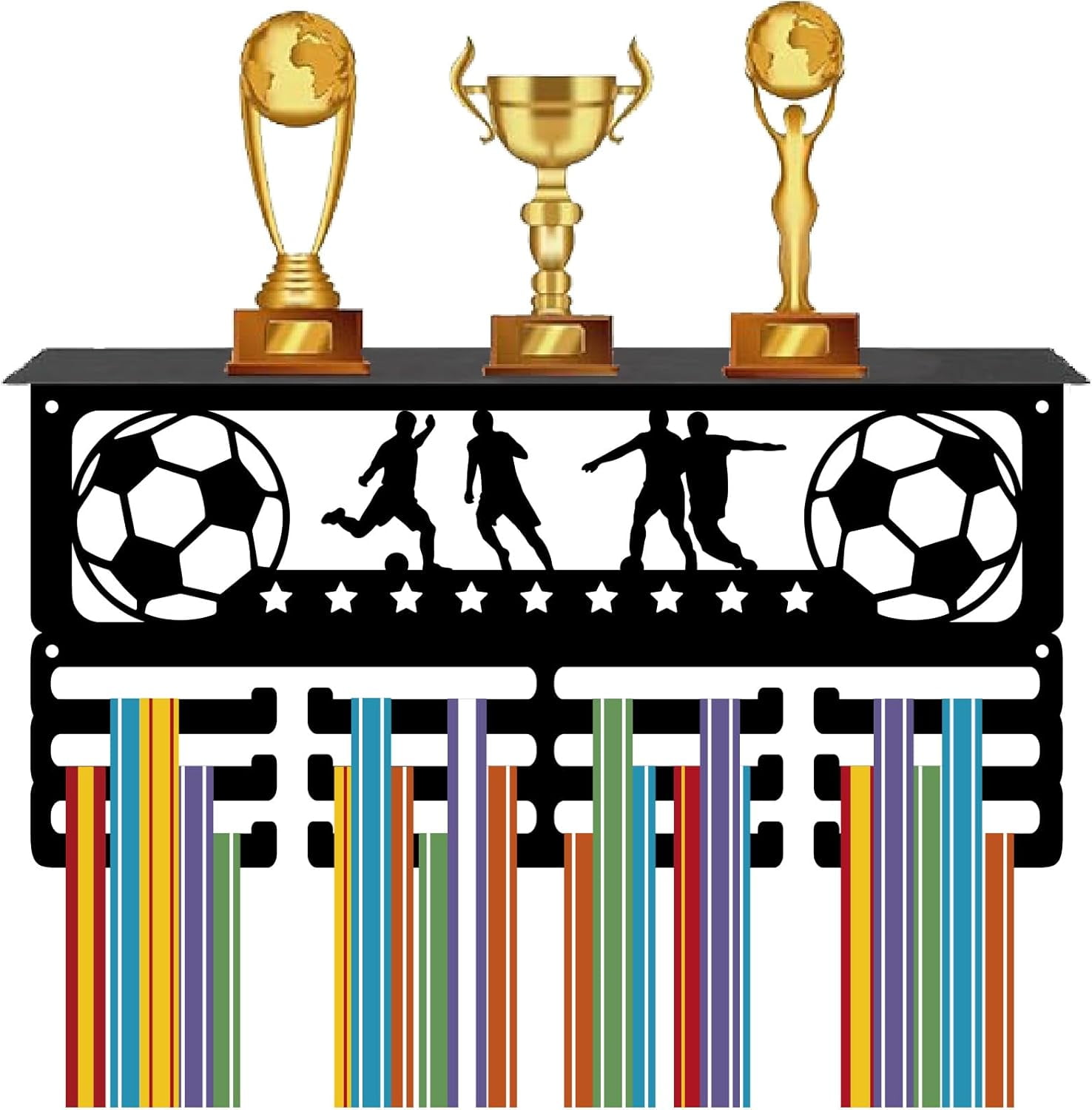 1set Football Medal Holder Sports Medal Hanger Display with Troy Shelf Awards Ribbon Organization Hooks Metal Rack Wall Mount Hold 60+ Medals for Soccer Athletes Players Race 15.7x8x4 Inch