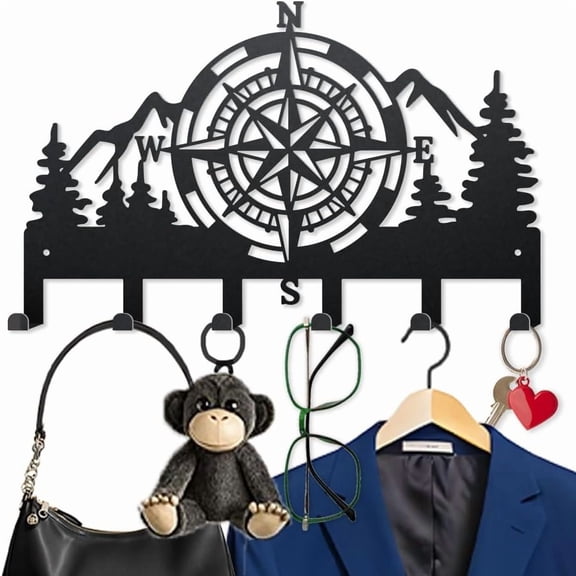 1set Forest Compass Key Holder Wall Mount 15.79.8inch Mountain Tree Metal Key Hook Coat Hanger with 6 Hooks Outdoor Hike Wall Decorative Key Rack for Entryway Hallway Kitchen Office Black