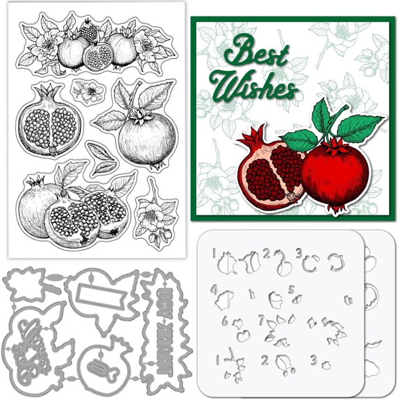 1set Fruit Theme 2pcs PET Hollow Out Drawing Painting Stencils for Scrapbook Photo Album with 1pc PVC Clear Stamps and Carbon Steel Cutting Dies Stencils Pomegranate