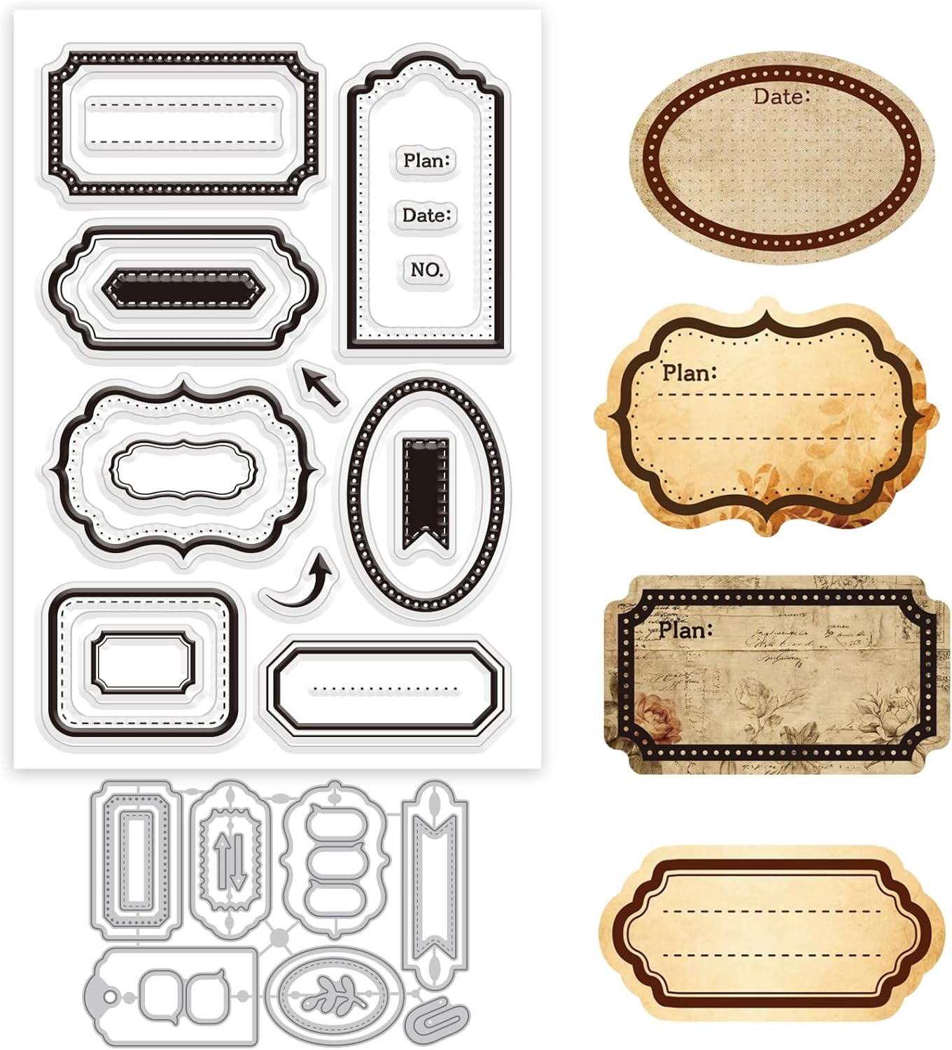 1set Geometric Tag Theme 1Pc PVC Clear Stamps with 1Pc Carbon Steel ...
