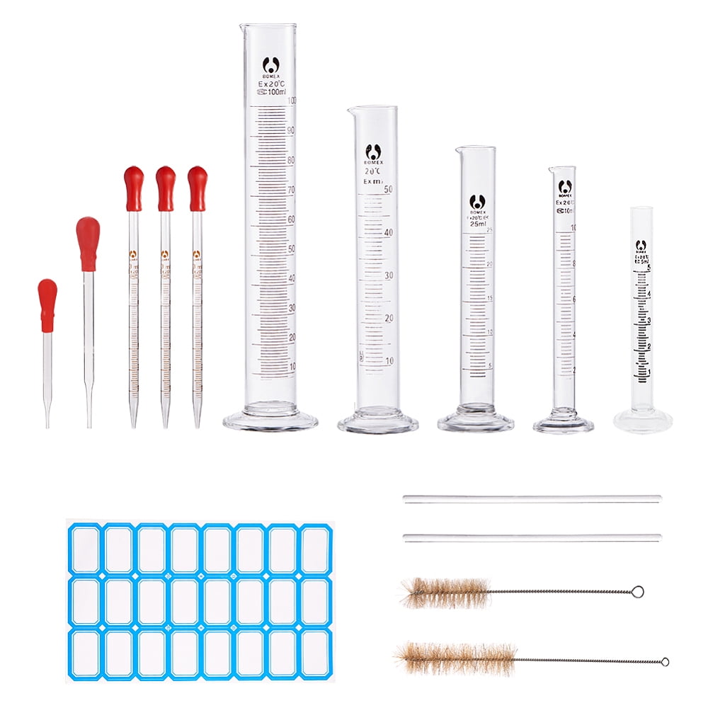 1set Glass Measuring Cups Graduated Tube Glass Dropper Transfer Graduated Pipettes and Length Chemistry Test Tube Bottle Wash Cleaning Brush Clear 30x21.5x5cm Glass