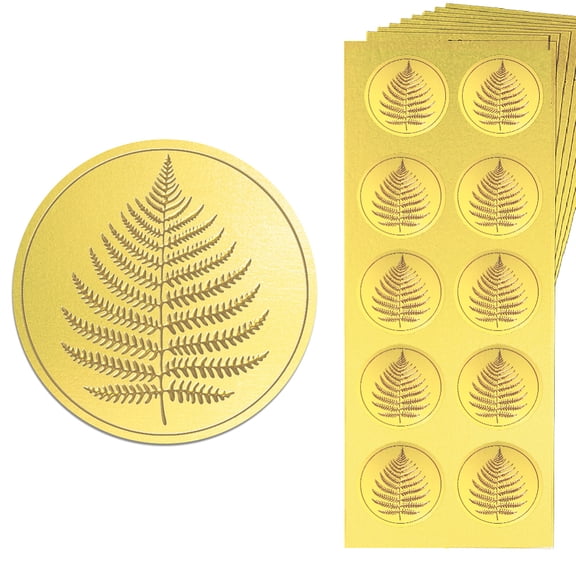 1set Gold Embossed Sticker Seal Fern Leaves 1.4 Inch 150Pcs Self Adhesive Golden Around Embossing Decals