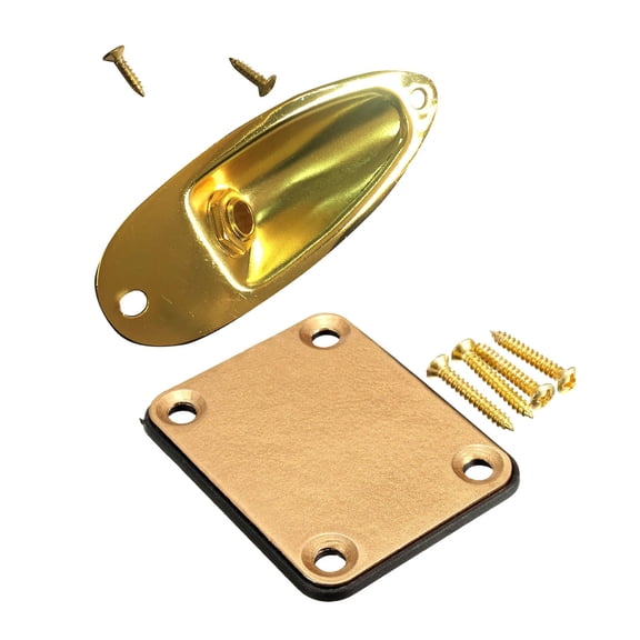 1set Gold Neck Plate with 4 Screws for Strat Electric Guitar & 1pcs Boat Output Input Jack Plate Sockets,1 x jack socket 1 x Neck plate 6 x Mounting screws,Gold