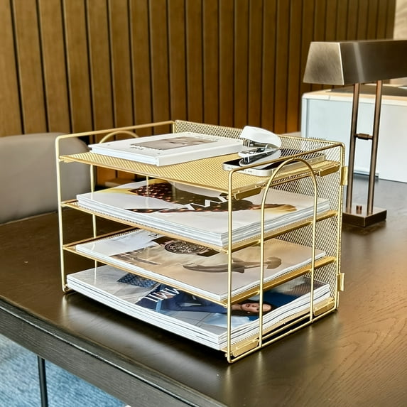 1set Golden Paper Letter Tray Organizer With File Holder, 4-Tier Desk Accessories & Workspace Desk Organizers With Pen Holder For Office Supplies