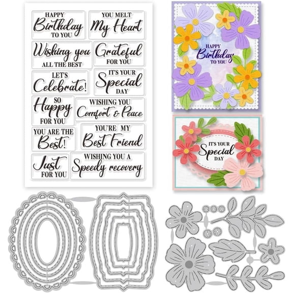 1set Greetings Clear Stamps and Flowers Plants Tags Cutting Dies Set for DIY Scrapbooking Cards Making Decorative Photo Album Notebook Colorful