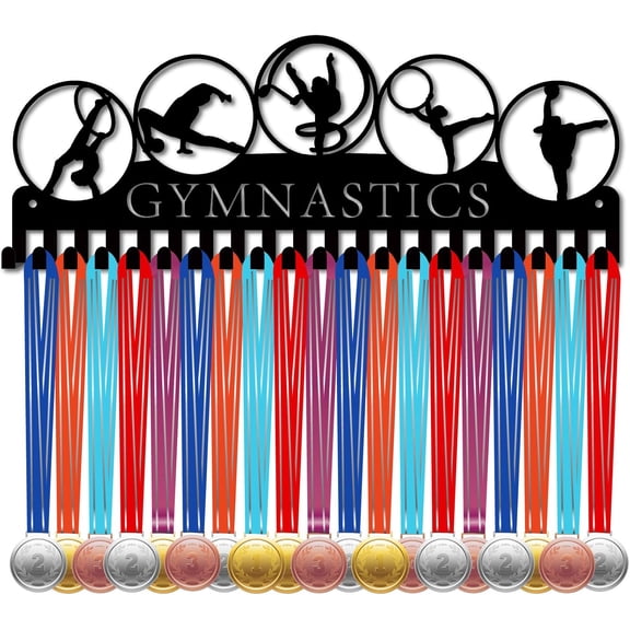 1set Gymnastics Medal Hanger Display Medals Holder Rack Black Metal Shelf Medal Hanger Organizer Medal Frame Wall Mounted Ribbon Display with 20 Hooks for 60+ Sports Medal Competition 15.7x6Inch