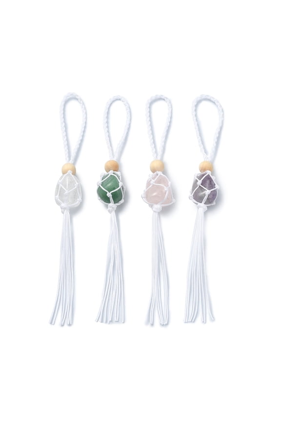 1set Handmade Macrame Nylon Pouch Natural Gemstone Pendant Decorations 172mm 4pcs/set