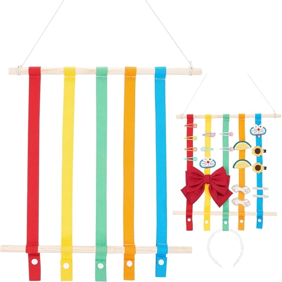 1set Hanging Hair Pin Storage Frame Hair Bow Holder with Plastic Hook Wooden Sticks & Polyester Ribbon Rectangle Colorful 3.1~89x1.4~2.2x0.2~1.4cm 9pcs/set
