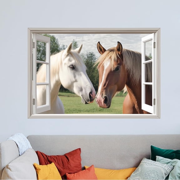 1set Horses Outside The Window Wall Sticker Animal Wall Decal Large Size Colorful Horse Home Art Mural Two Horses Vinyl Sticker Bedroom