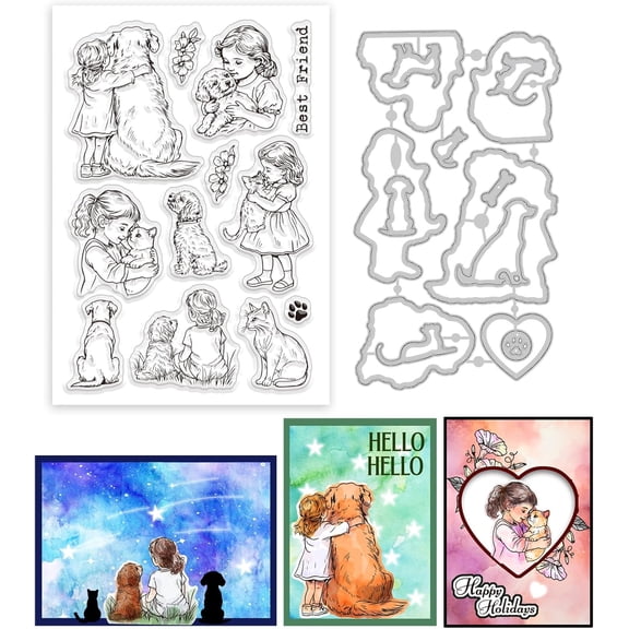 1set Human and Pets Clear Stamps and Cats and Dogs Cutting Dies Set for DIY Scrapbooking and Cards Making Decorative Photo Album Notebook Decoration