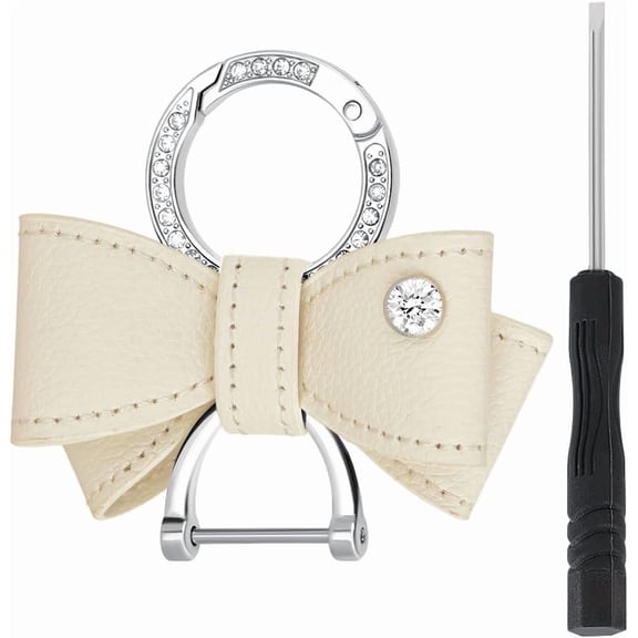 1set Imitation Leather Keychains with Alloy Rhinestone Findings Bowknot White 39x68x30mm