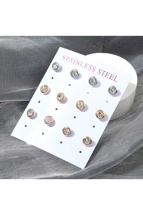 1set Ion Plating(IP) 304 Stainless Steel Flat Round Stud Earrings with Clear Cubic Zirconia Mixed color 6.5mm 12pcs/set