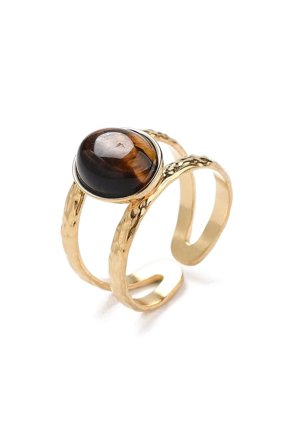 1set Ion Plating(IP) 304 Stainless Steel Open Cuff Rings Oval Tiger Eye Ring for Women golden 11.5mm 6pcs/set