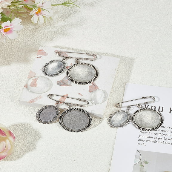 1set Iron Brooch with Alloy and Glass Cabochons Antique Silver 58mm