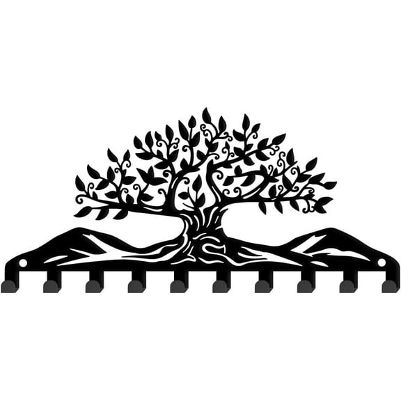 1set Iron Wall Mounted Hook Hangers 10-Hook Decorative Organizer Rack for bag Clothes Key Scarf Hanging Holder with Screws Black Tree of Life 115x250mm.