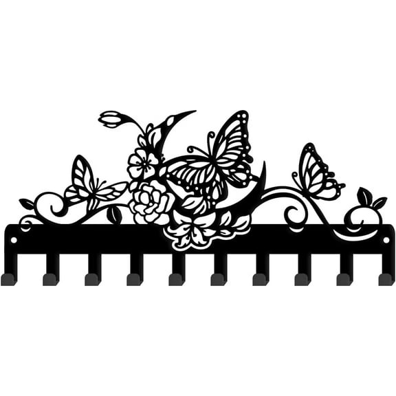 1set Iron Wall Mounted Hook Hangers 10-Hook Decorative Organizer Rack for bag Clothes Key Scarf Hanging Holder with Screws Black Butterfly 145x330mm