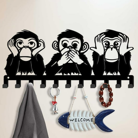 1set Iron Wall Mounted Hook Hangers 10-Hook Decorative Organizer Rack for bag Clothes Key Scarf Hanging Holder with Screws Black Monkey 145x330mm