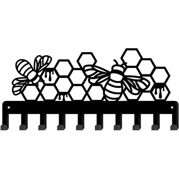 1set Iron Wall Mounted Hooks Hangers 10-Hooks Decorative Organizer Rack for Bag Clothes Key Scarf Hanging Holder with Screws Black Bees
