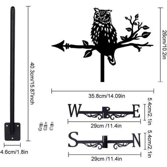 1set Iron Wind Direction Indicator Weathervane for Outdoor Garden Wind Measuring Tool Owl 260x358mm