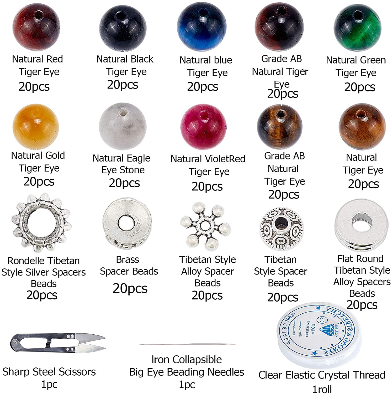 1set Jewelry Kits including Tiger Eye Beads Alloy Spacer Beads Iron Collapsible Big Eye Beading Needles Thread and Steel Mixed color 8~8.5mm Hole: 1~1.2mm
