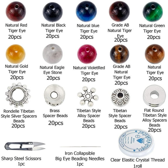 1set Jewelry Kits including Tiger Eye Beads Alloy Spacer Beads Iron Collapsible Big Eye Beading Needles Thread and Steel Mixed color 8~8.5mm Hole: 1~1.2mm