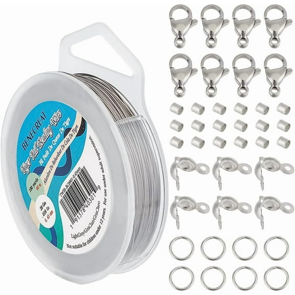 1set Jewelry Making Finding Kits including Tiger Tail Wire Brass Crimp Beads 304 Stainless Steel Bead Tips & Lobster Claw Clasps & Jump Rings Stainless Steel color 0.44mm about 90m/roll