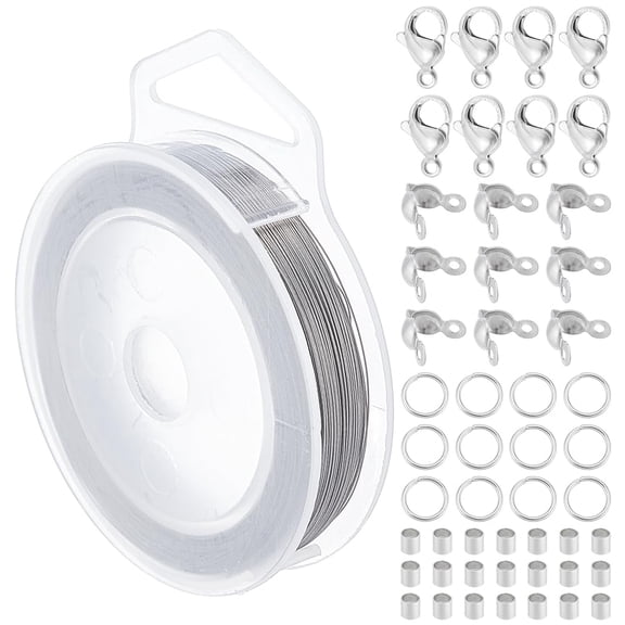 1set Jewelry Making Finding Kits including Tiger Tail Wire Brass Crimp Beads 304 Stainless Steel Bead Tips & Lobster Claw Clasps & Jump Rings Stainless Steel color 0.25mm 150m/roll