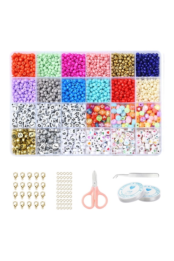 1set Jewelry Making Kits Including Round Glass Seed Beads Flat Round Acrylic Beads Elastic Thread Tweezers Alloy Clasps and Iron Jump Rings Mixed color Beads: 2040pcs/set