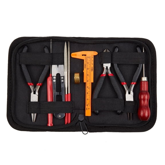 1set Jewelry Tool sets with Wire-Cutter Plier Round Nose Plier Side Cutting Plier Brass Rings Crochet Hook Needles Scissor Bead Awls Vernier Caliper Files Colorful 15.5x11.5x3cm 10pcs/set