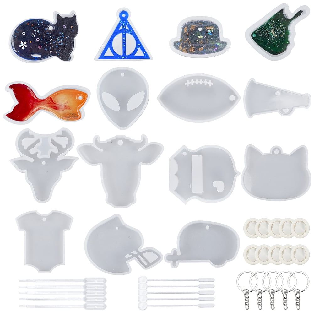 1set Keychain Making with Silicone Molds Iron Split Key Rings Disposable Plastic Transfer Pipettes and Plastic Round Stirring Rod Latex Finger Cots White