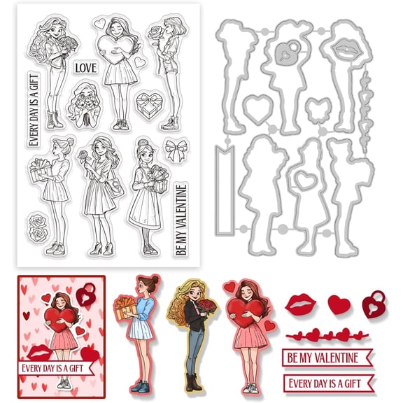 1set Lady Clear Stamps Love Heart Women Cutting Dies Set for DIY Scrapbooking and Cards Making Decorative Photo Album Notebook Decoration