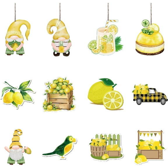 1set Lemon Theme Wooden Decorations Jute Cord Hanging Ornaments Mixed Shapes Yellow 60~100x60~100mm Hole: 3mm 12style 3pcs/style 36pcs/set