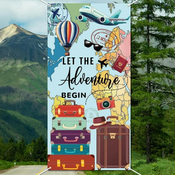 1set Let The Adventure Begin Backdrop 2.9x5.9ft Adventure Awaits Birthday Party Banner Decoration Large Fabric Global Travel Photo Booth Banner World Map Photography Background for Graduation Party