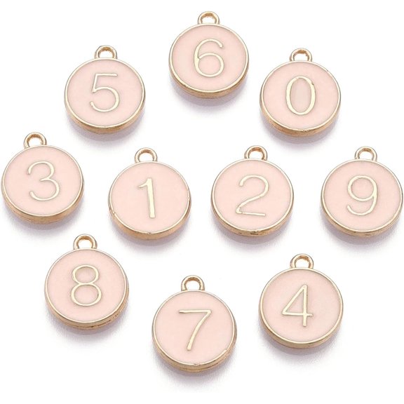 1set Light Gold Plated Alloy Enamel Charms Enamelled Sequins Flat Round with Number Number 0~9 Misty Rose 14.5x12x2.5mm Hole: 1.4mm