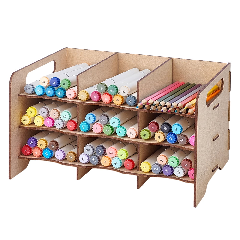 1set MDF Wood Boards Pen Holder Desk Stand Organizer Holding Rack for Pens Paint Brushes Colored Pencils Markers BurlyWood 250x191x146mm