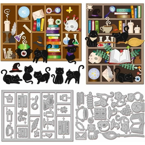 1set Magic Cat Cutting Dies for DIY Scrapbooking Metal Bookshelf Cut Dies Magic Broom Die Cuts for Card Making Embossing Photo Album Craft Decor