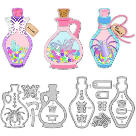 1set Magic Potion Cutting Dies Card Making Bottle Die Stencil Witches Brew Metal Card Die Cuts Scrapbooking Embossing Template Dies for Witches Festival Greeting Cards Paper Album Invitation colorful