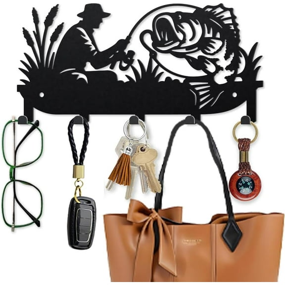 1set Man Fishing Metal Key Hooks 4.79.8 Inch Summer Boat Fish Grass Wall Mounted Hook Hangers Lake Key Holder for Wall with 5 Hooks for Kitchen Entryway Hallway Garden Doorway Porch Black DIY