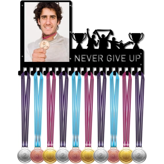 1set Medal Hanger Display Trophy Holder Rack with Photo Frame Metal Sports Hanging Athlete Awards Wall Mount with 20 Hooks for Competition Ribbon Medals Black 16.5x9.8Inch