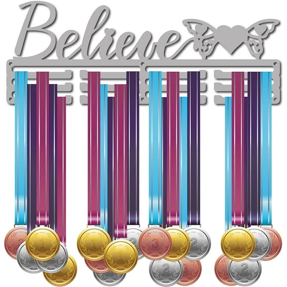 1set Medal Holder Believe Butterfly Awards Games Medals Display Stand Wall Rack Mount Hanger Decor Silver Sturdy Medal Holders for Home Badge Storage 3 Rows Hanging Over 60 Medals