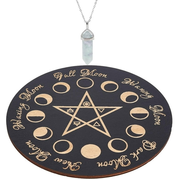 1set Moon Phase Pendulum Board set Wooden Witch Altar Board Carved Board Dowsing Metaphysical Message Witchcraft Wiccan Altar Supplies Spiritual Power for Divination Wicca 7.87Inch