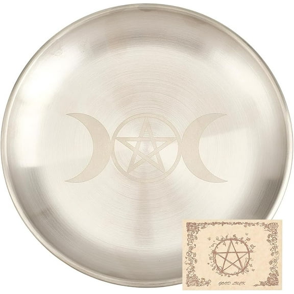 1set Moon Ritual Plate Plate Stainless Steel Flat Bowl Round Tray Prayer Offering Bowl Dish Candle Holder for Smudging Incense Burner Meditation Tarot Jewelry Dowsing Divination 5.55Inch Silver