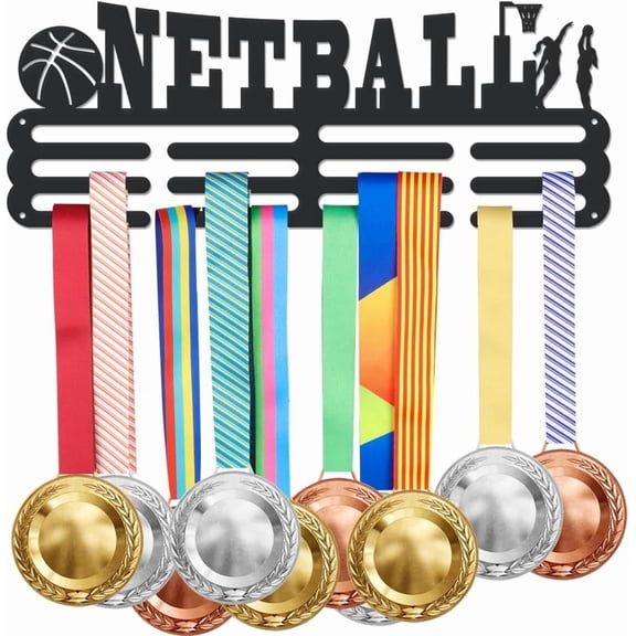 1set Netball Medal Holder Display Hanger Rack Frame for Basketball Black Sturdy Steel Metal with Netball Pattern Wall Mounted Hooks Medal Rack Display Wall Mounted Black DIY