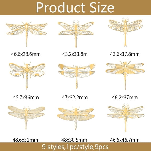 1set Nickel Decoration Stickers Metal Resin Filler Epoxy Resin & UV Resin Craft Filling Material Golden Dragonfly 40x40mm 9pcs/set